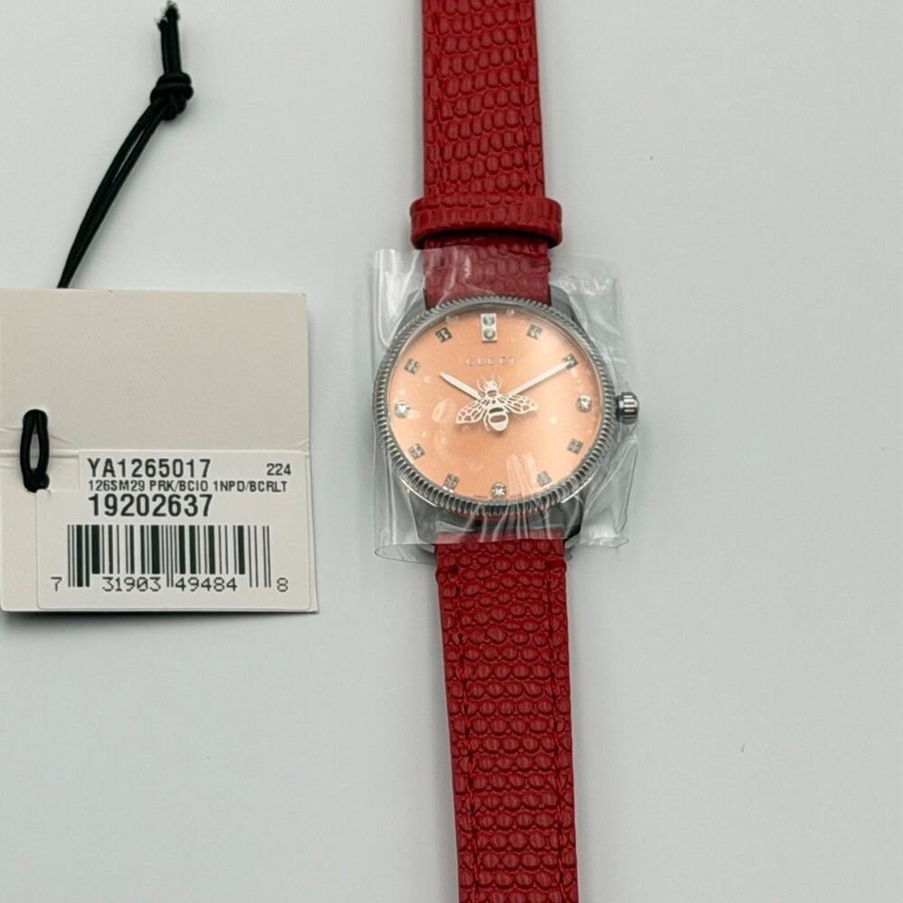 Gucci G-Timeless YA1265017 Diamond Salmon Dial Red Leather Bee Watch NEW Box - Picture 2 of 8